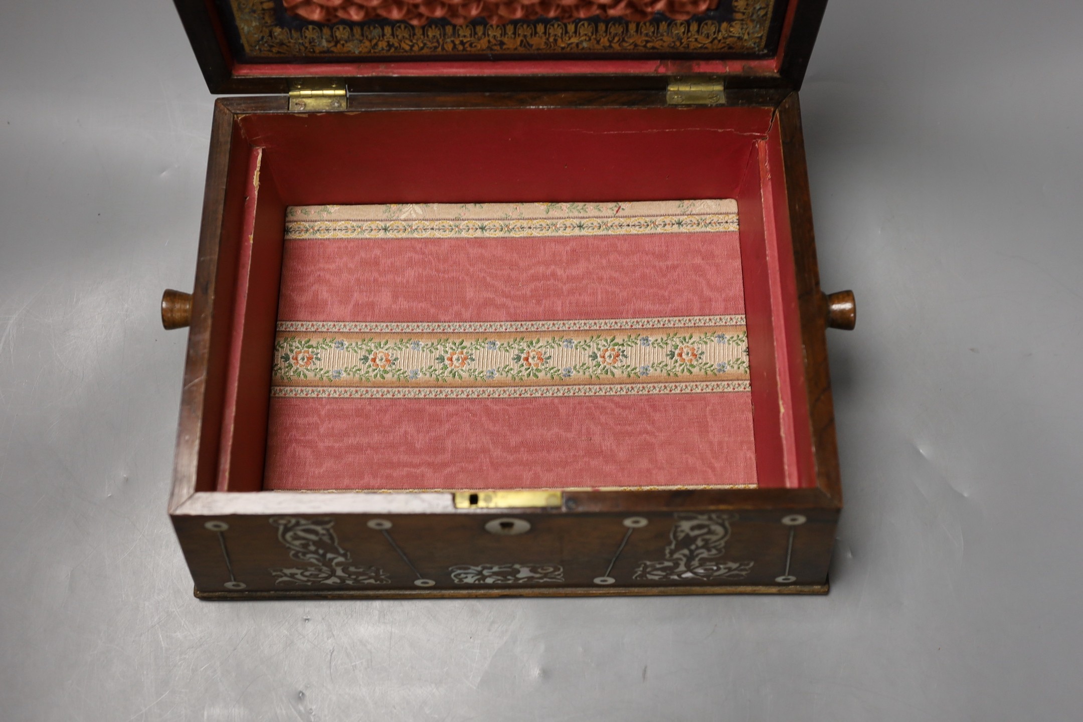 A Victorian mother of pearl inlaid rosewood workbox, 30cm